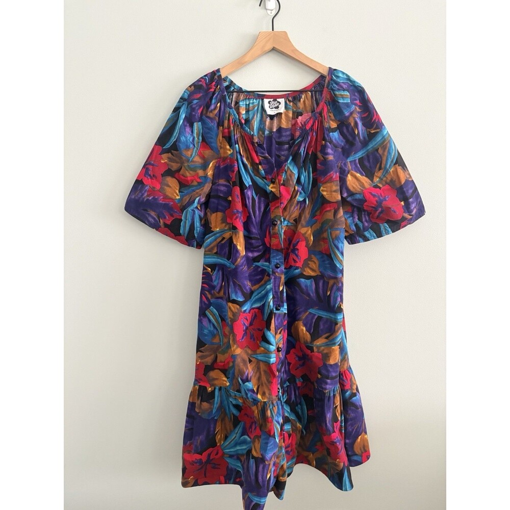 Vintage Hilo Hattie Hawaiian Dress Large Multicolor Floral Button Front Ruffle